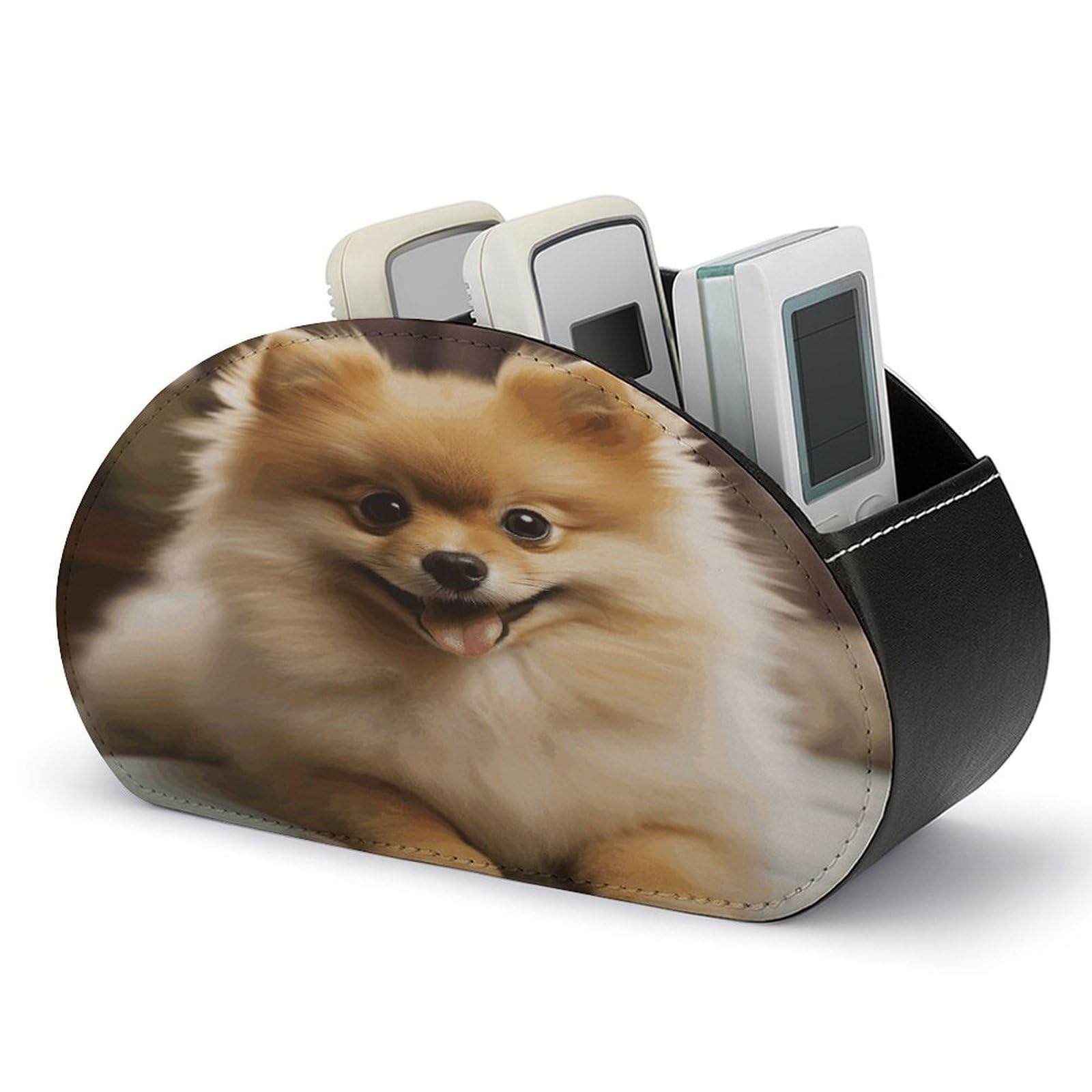 FekiLoot Cute Pomeranian Dog Remote Control Holder with 5 Compartments Multi-functional TV Remote Caddy Organizer Leather TV Remote Holder Desktop Organizer Store for Bedside Table Office Desk