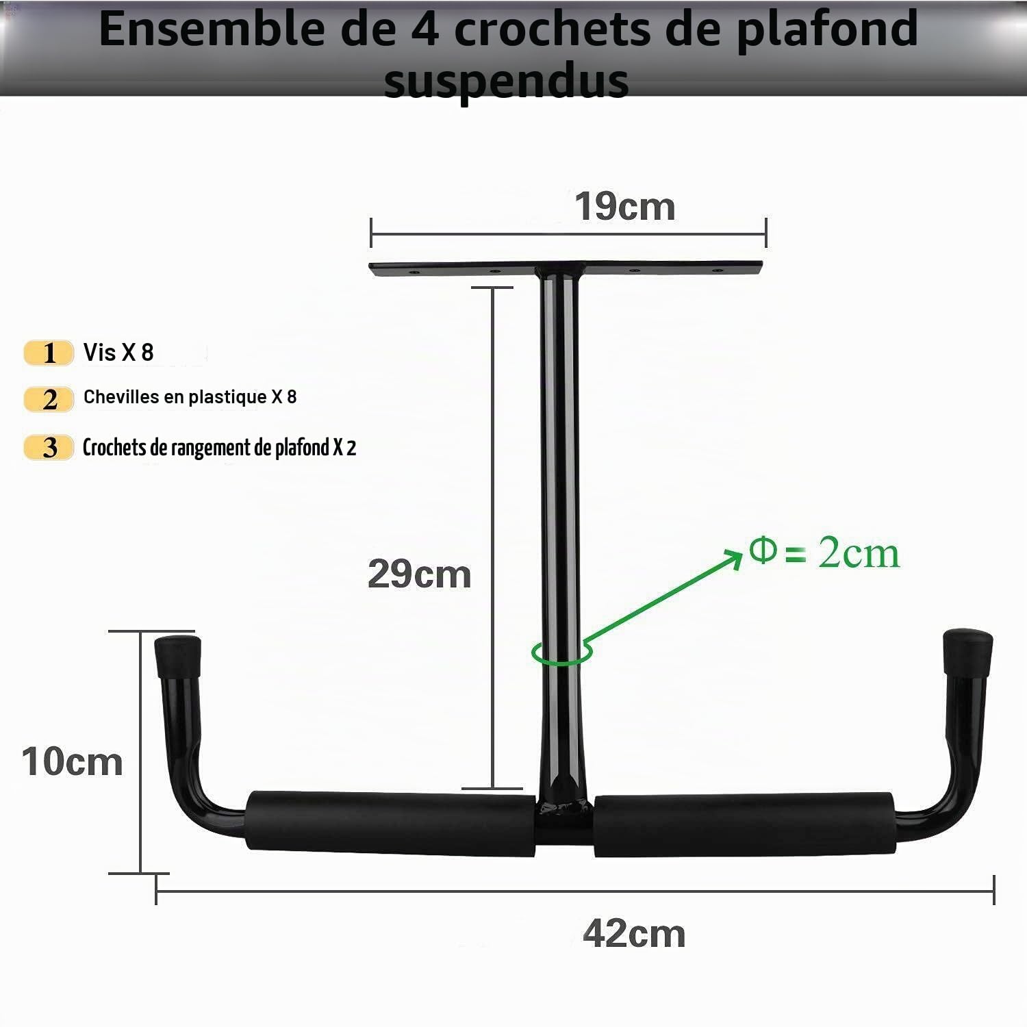 Lot de 4 crochets de plafond caoutchoutés pour garage - En acier noir - Double pointe - 20 cm - Pour échelle et équipements de sport tels que ski, planche de surf, canne à pêche