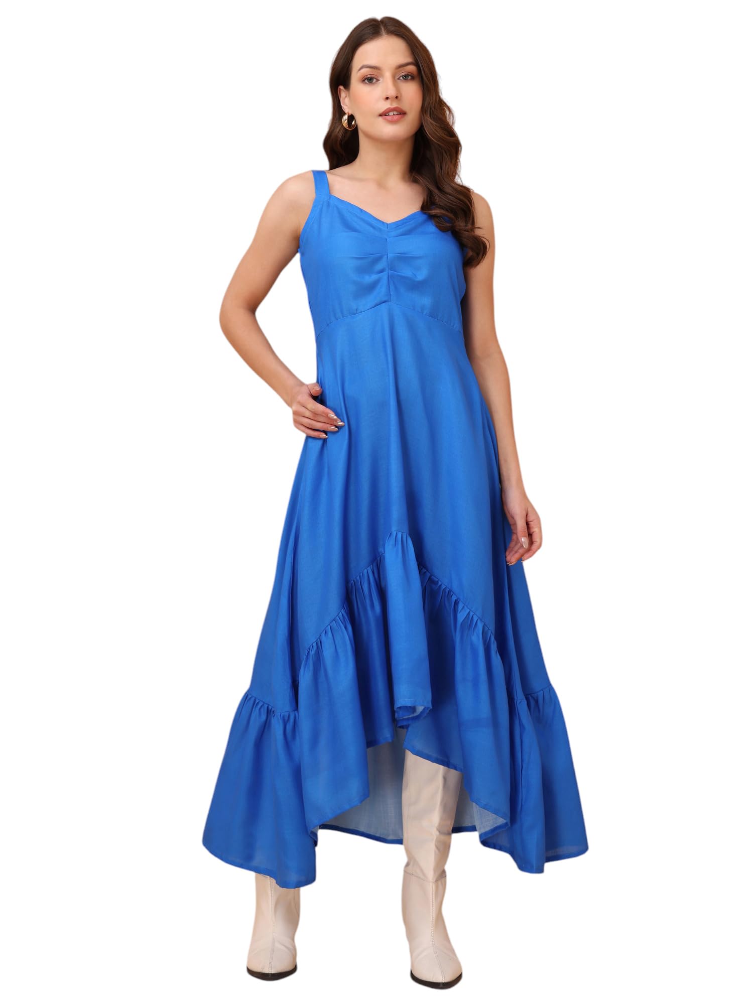 Purvaja Womens V-Neck Ruffle Cotton Blend Dress (Floe-052-M_Blue)