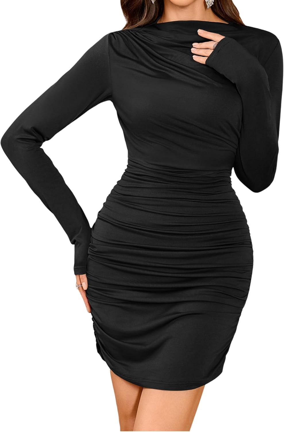 ZAFUL Womens Sexy Ruched Bodycon Mini Dress Long Sleeve Boat Neck Wedding Guest Club Party Dresses