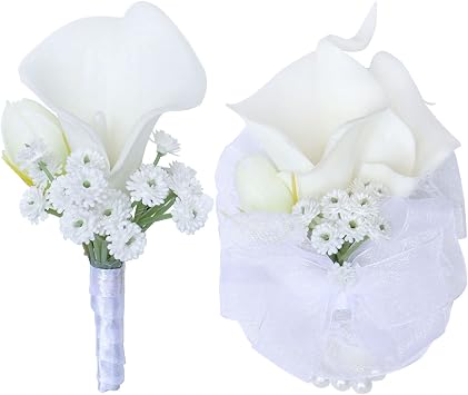 White Wrist Corsage and Men Boutonniere Set Artificial Calla Lily Bridesmaid Wrist Corsage and Groomsmen Boutonniere for Wedding Ceremony Anniversary Party Prom 1