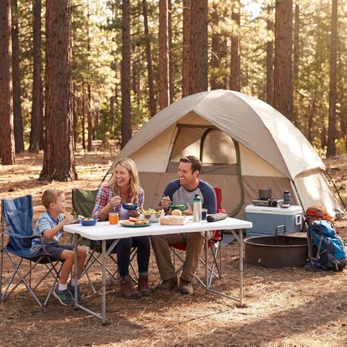 Image of Byliable Folding Table 4 Foot, Heavy Duty Portable Plastic Fold-in-Half Utility 4ft Folding Table with Carrying Handle for Indoor Outdoor, Camping Picnic Party, White