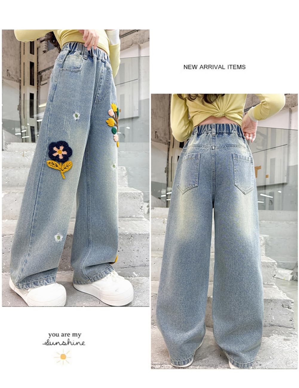 HBER Jeans holgados de pierna recta para niña, estilo casual, Y2K, bonitos pantalones de mezclilla bordados con cintura elástica para niños, adolescentes y niñas