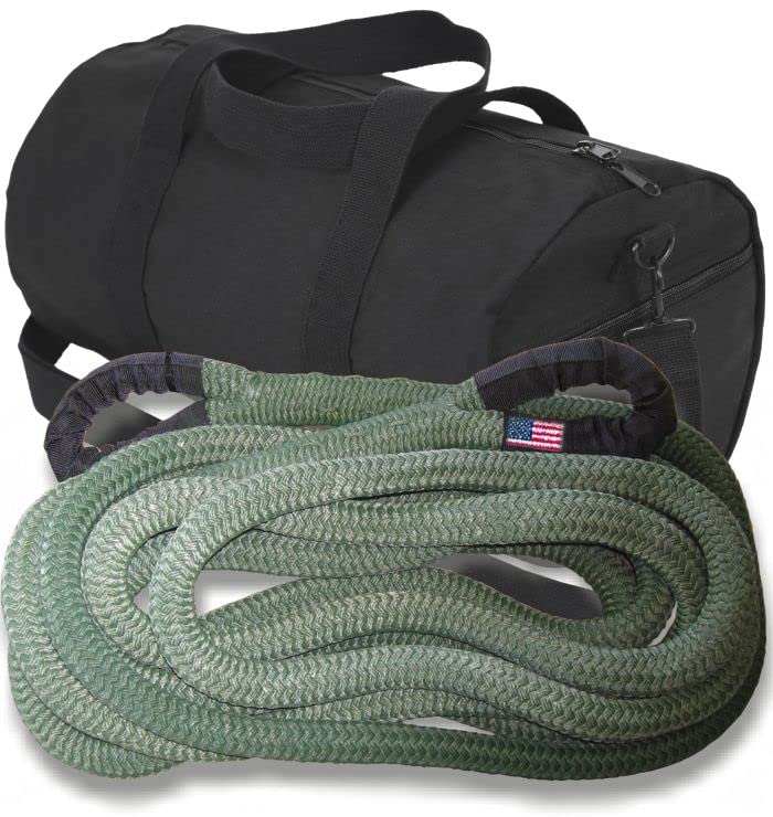 U.S. Made Military Green PolyGuard Coated Kinetic Recovery Snatch Rope - 1 inch X 30 ft with Heavy-Duty Carry Bag (4X4 Vehicle Recovery)