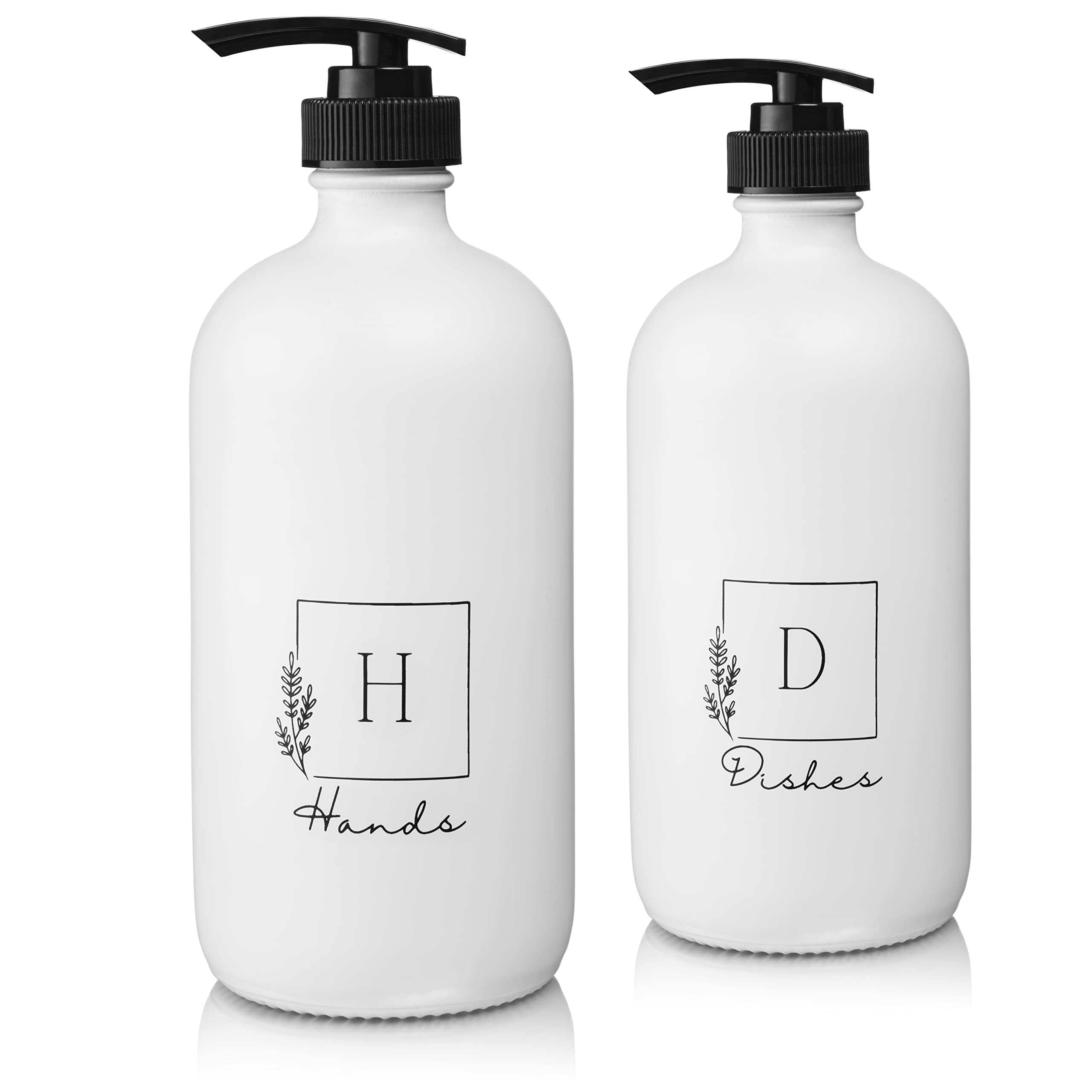 Hand Soap Dispenser & Dish Soap Dispenser for Kitchen Sink – Durable 16oz Frosted Glass Kitchen Soap Dispenser with Pumps – 2 Piece Farmhouse Kitchen Soap Dispenser Set - Frosted White