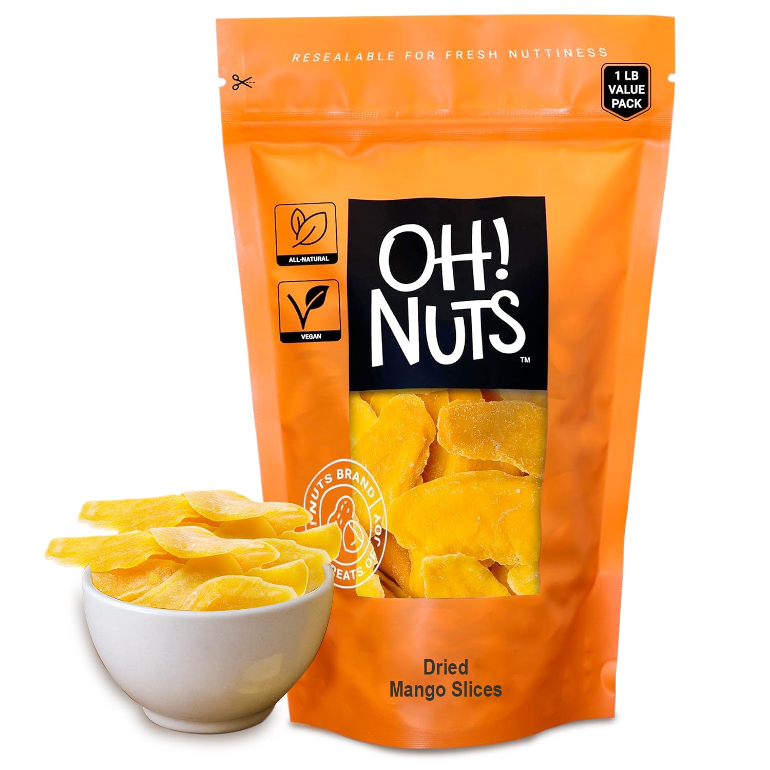 Oh! Nuts Dried Mango - 1 lb - Dried Fruit Slices - Less Sugar Added - Dehydrated Fruit Bites - Packed in New York Zip-Seal Bag for Exceptional Freshness