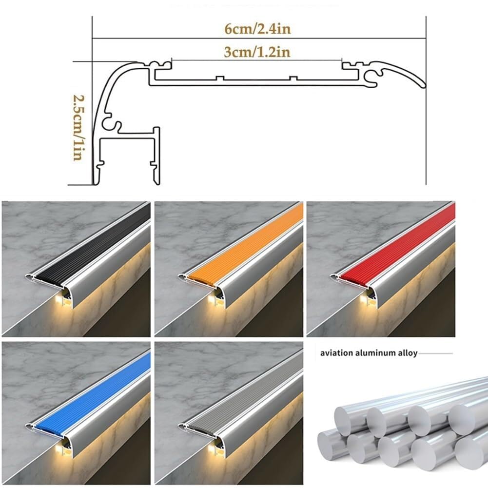 Perfil Antideslizante para Escaleras de Aluminio con Ranura para Tira LED, Zócalo en L con Tira de Goma Antideslizante para Seguridad en Hogar, Oficinas y Uso Comercial(Negro,150cm/59in)
