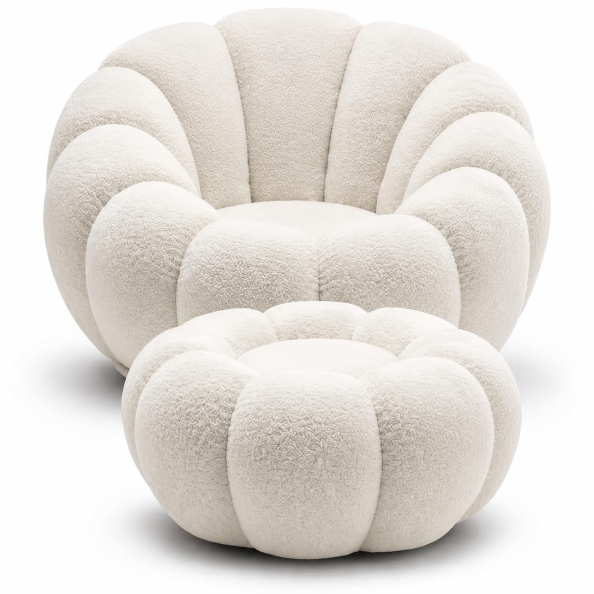 Pumpkin Accent Chair with Footrest – Modern Lounge Chair for Bedroom, Balcony, Living Room, Tea & Coffee Corner – Comfortable Upholstered Relaxing Chair Set (White)-image-24