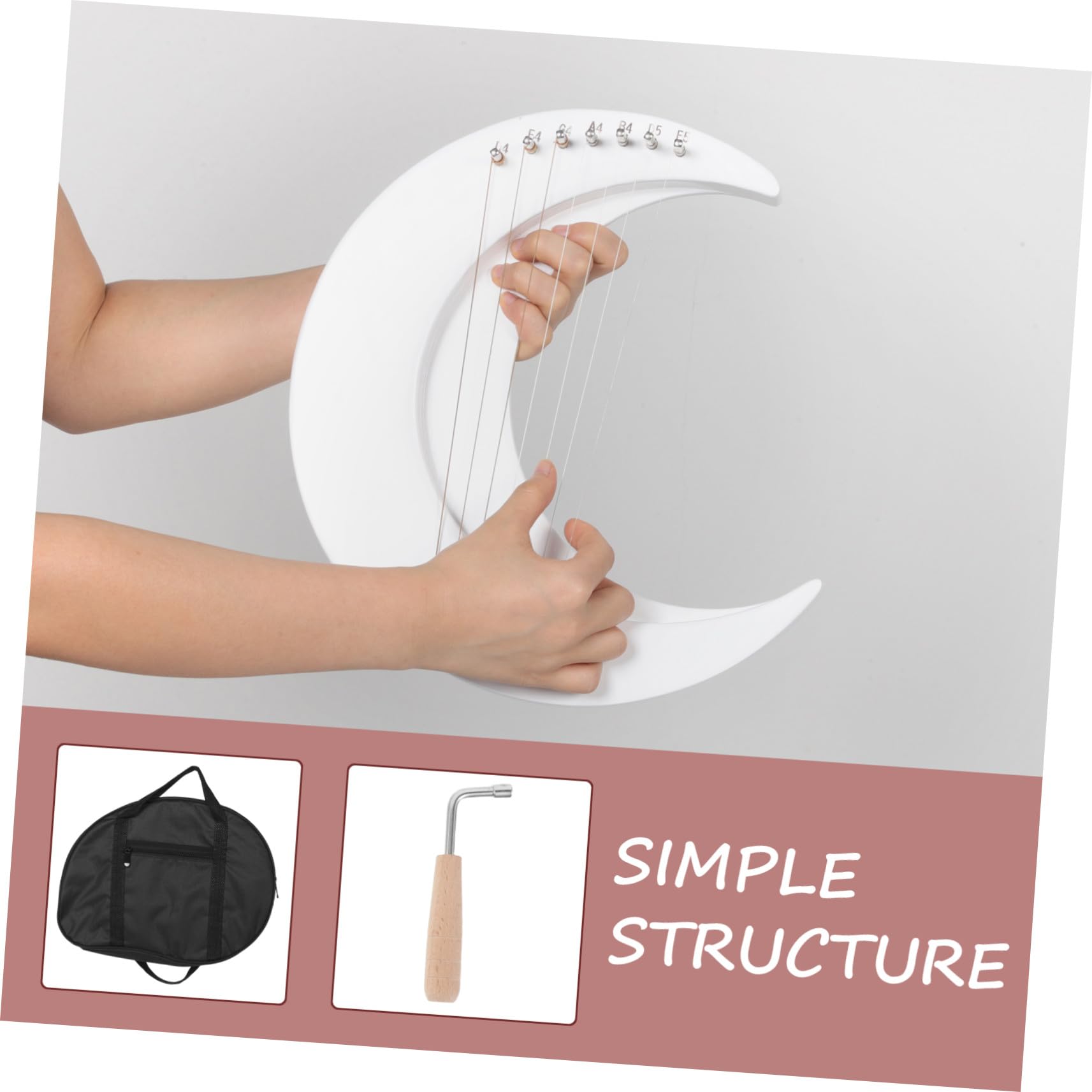 TOYANDONA 7-Strunowa Moon-shaped Lyra Drewniana z Kluczem Do Strojenia Kompaktowy Instrument Muzyczny Do Nauki i Występów Idealny dla Początkujących i Miłośników Muzyki