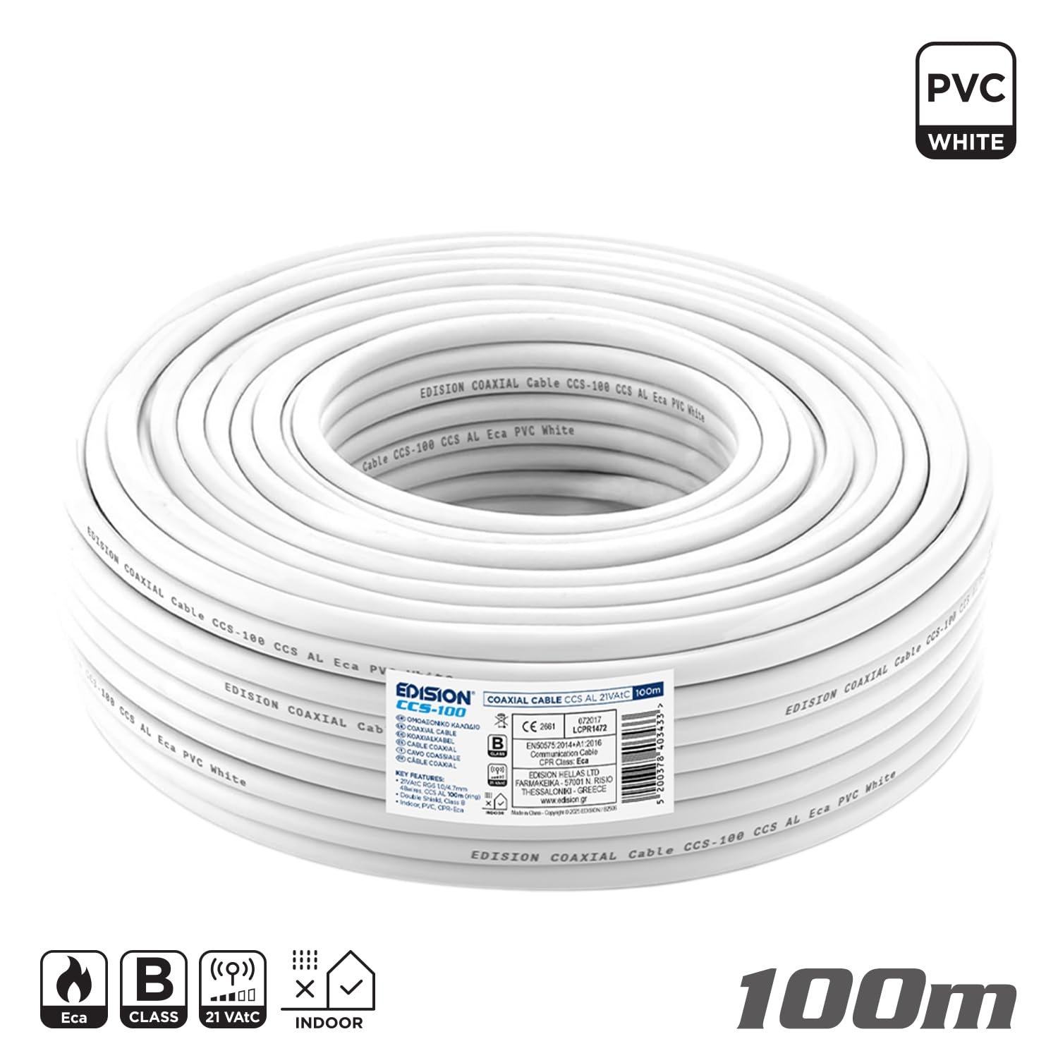 EDISION CCS-100 Cavo Coassiale 100m, per Antenna TV SAT Interna PVC Bianco, Acciaio Ramato CCS/AL, 21VAtC, CPR Eca, Classe B, per SAT, DVB-S2, T/T2, Cable, RADIO, Bobina 100m