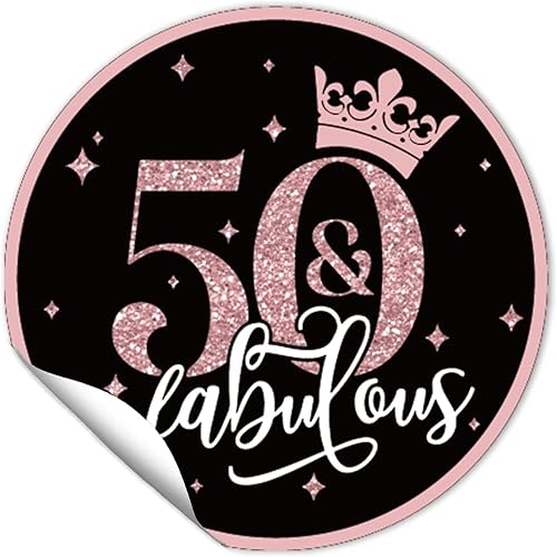 REWIDPARTY 50 calcomanías redondas de oro rosa de 1.5 pulgadas y fabulosas (80 piezas) – Calcomanías adhesivas para fiestas de cumpleaños 50