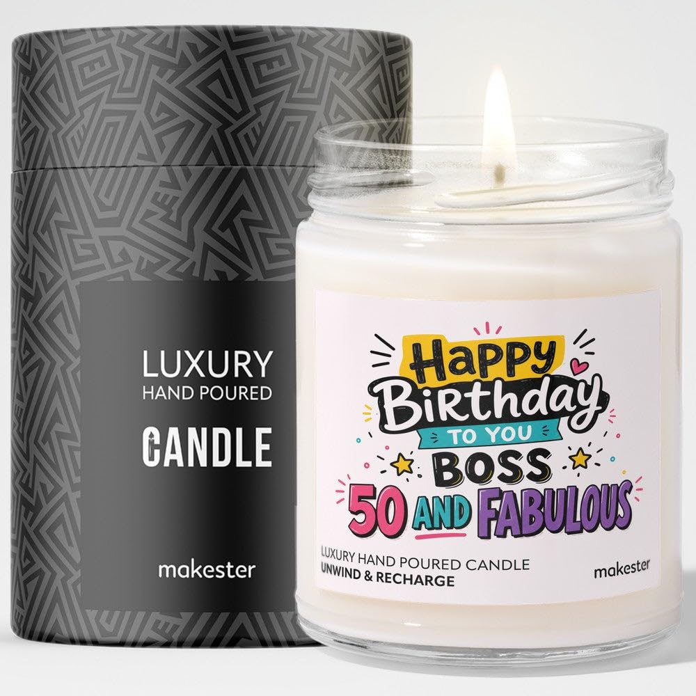 50th Birthday Gift for Boss - Luxury Soy Wax Candle - Vanilla, Jasmine, Sugared Almond - Makester — image 1