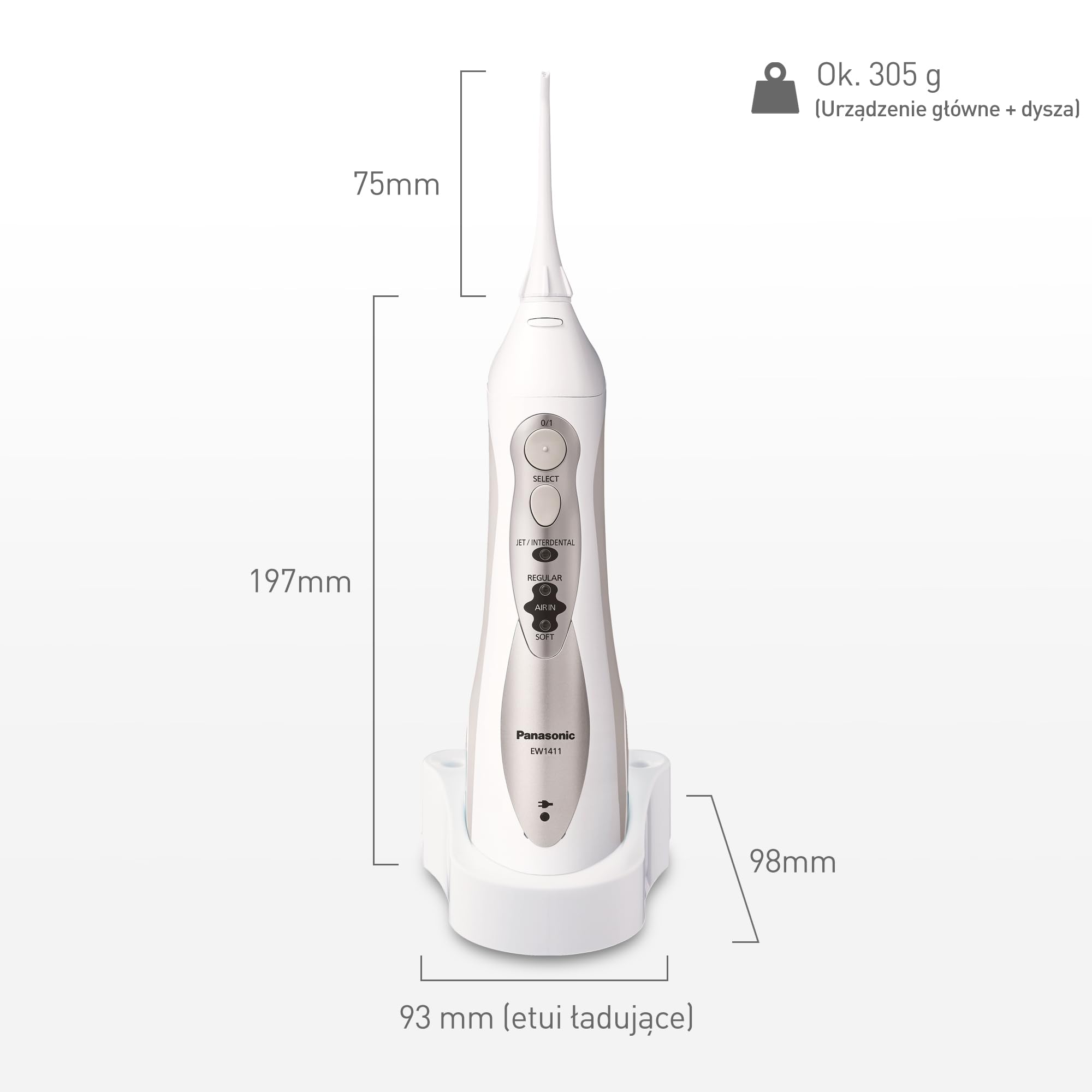 Panasonic EW1411H845 irygator z 4 trybami strumienia (silny tryb JET 590 kPa, tryb AIR IN z drobnymi bąbelkami powietrza, tryb INTERDENTAL), biało-szary