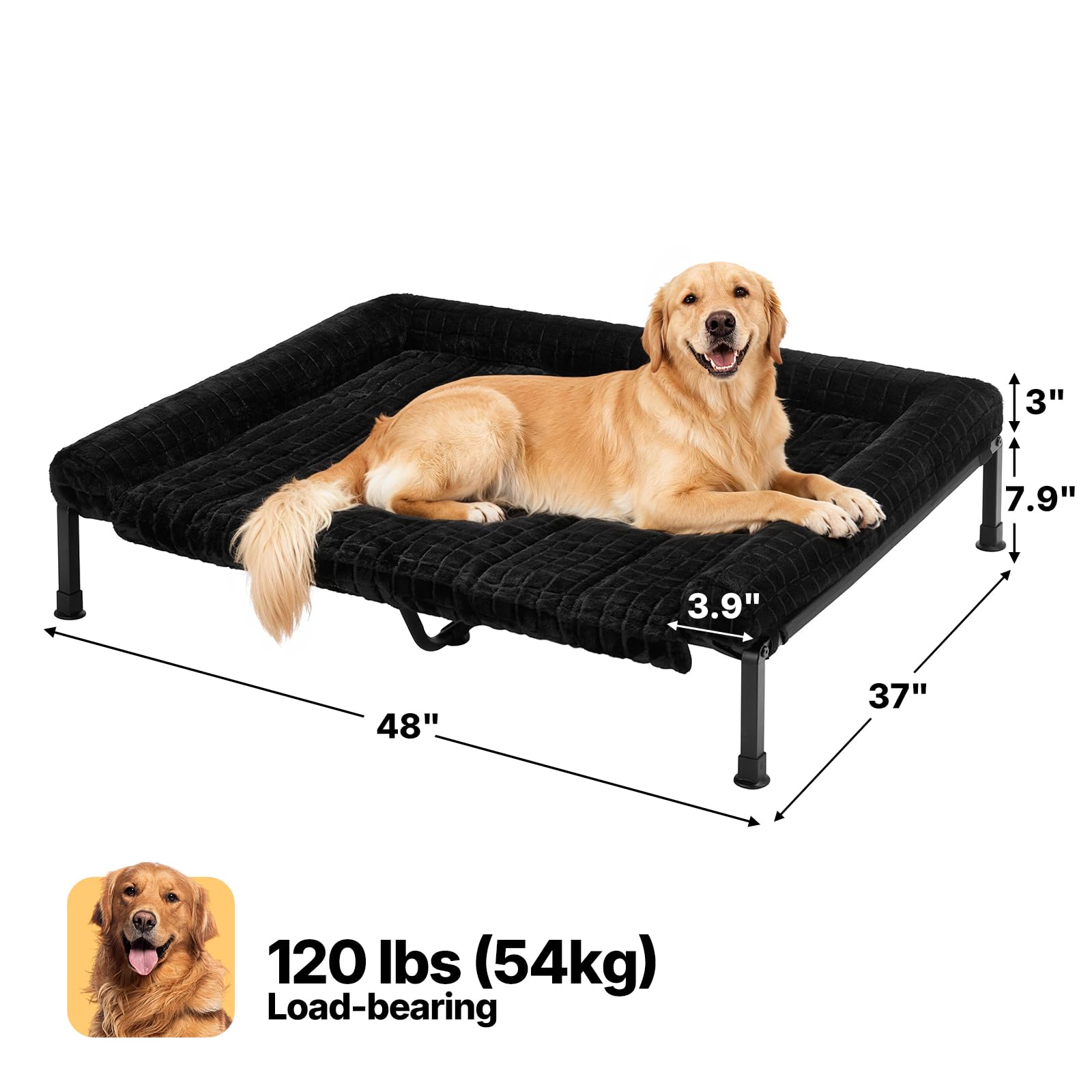 Veehoo Elevated Dog Bed Large Sized with Fluffy Plush Bolster Cushion, Washable Orthopedic Dog Couch Bed, Cooling Raised Pet Cot with Removable Mat, Breathable Mesh, No-Slip Feet, 48x 37 inches, Black - image 6
