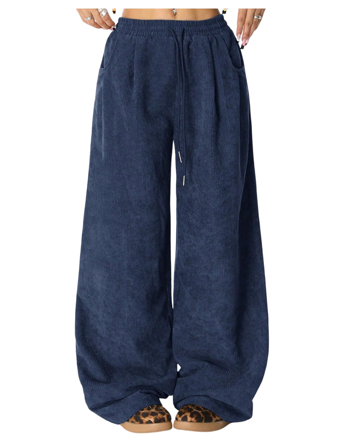 Verdusa Womens Wide Leg Pants Corduroy High Waist Barrel Palazzo Pants Comfy Baggy Trousers