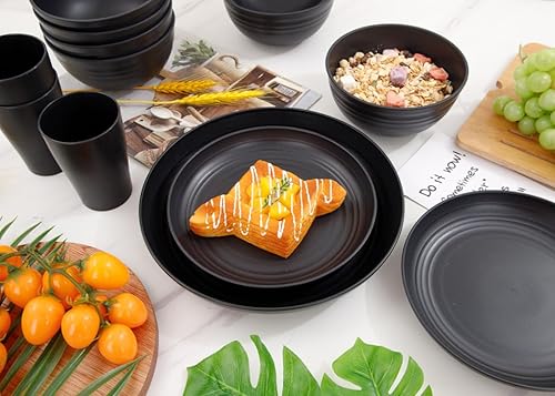 Miniatura 5 de Supernal Juego de vajilla de paja de trigo negro de 32 piezas con 25 servilletas de lino, platos y cuencos para 8, juegos de vajilla de plástico