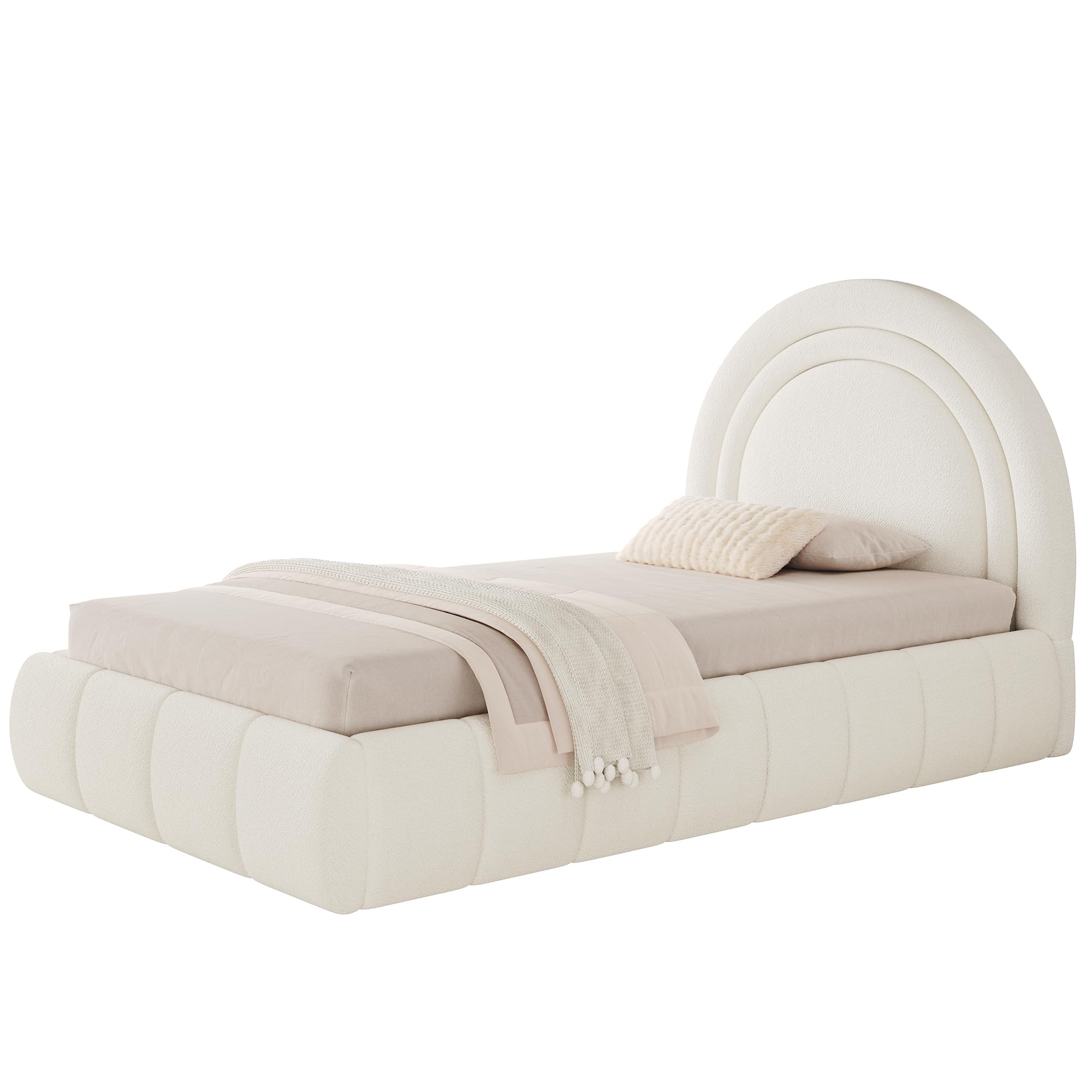 Cama tapizada, cama individual de 90 x 200 cm, cama funcional hidráulica, cama con somier, cabecero y gran espacio de almacenamiento, cabecero acolchado, bouclé, beige