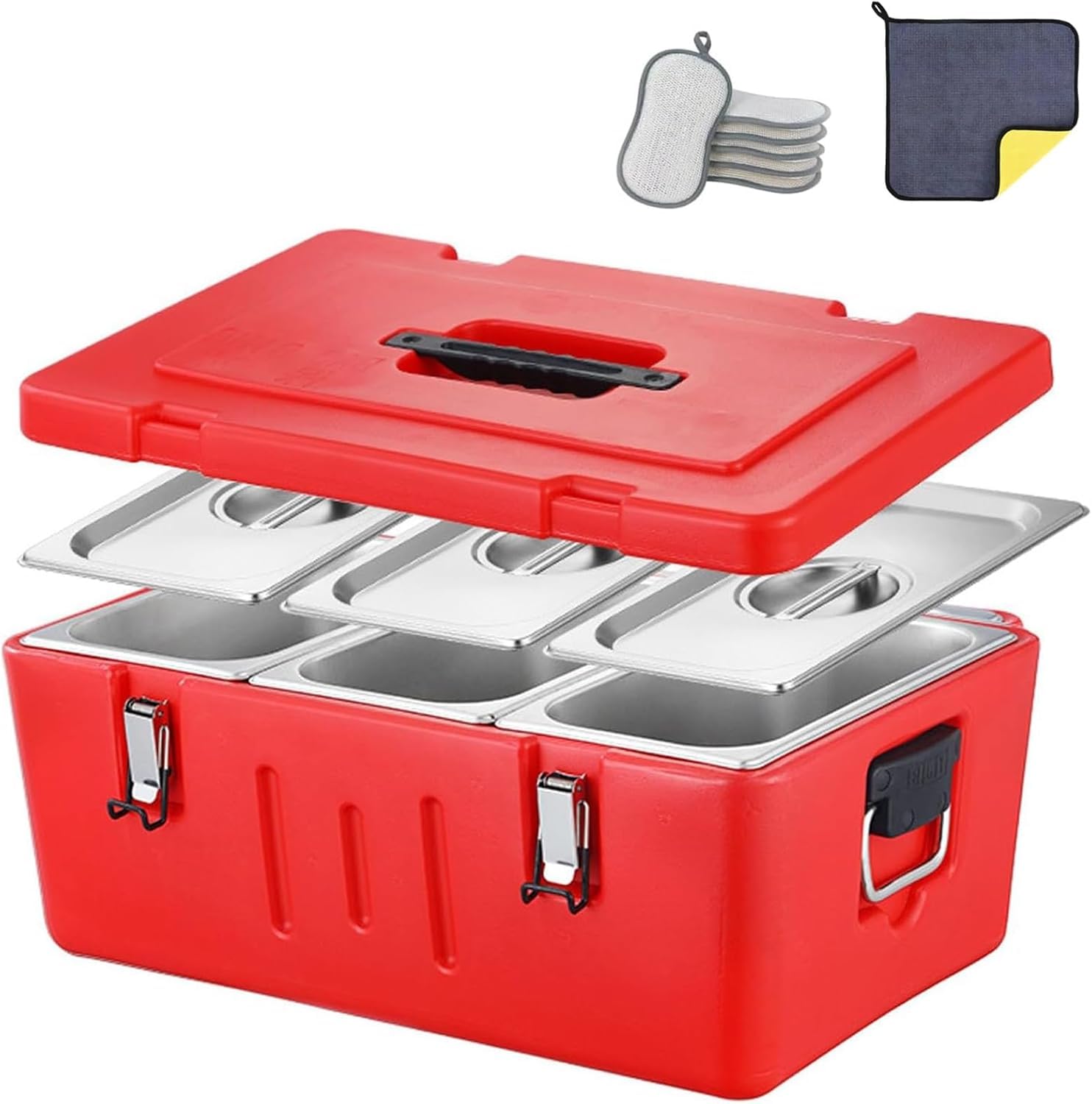 Caja de transporte de alimentos aislada, contenedor de almacenamiento de acero inoxidable con 4 hebillas y 2 asas para alimentos fríos y calientes, perfecto para catering y restaurantes