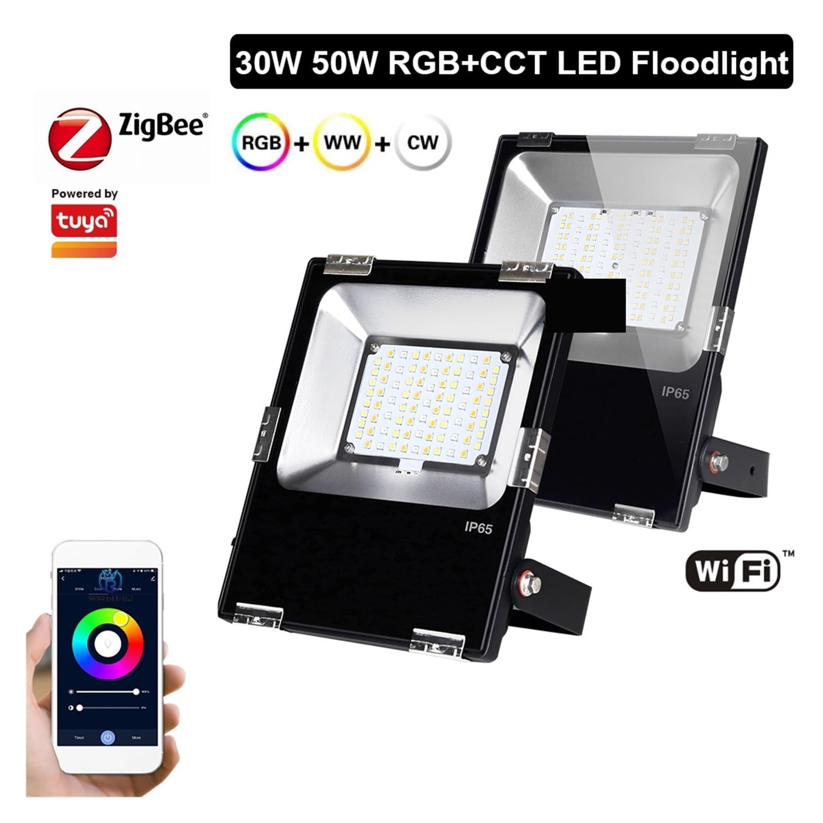 Luces de Seguridad 30W 50W WiFi Inteligente RGB + CCT Reflector LED (Zigbee 3.0) IP65 Iluminación De Paisaje Al Aire Libre A Prueba De Agua APLICACIÓN Control De Voz para Patio, jardín (Color : ZB-Bo