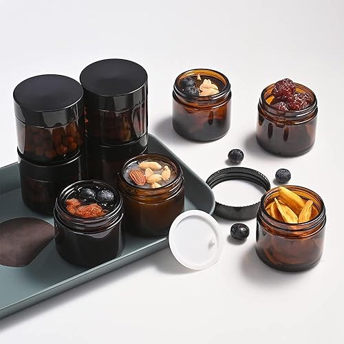 Miniatura 3 de Bumobum - Tarros redondos de vidrio ámbar de 2 onzas, paquete de 70 tarros de crema con tapas negras, etiquetas blancas y negras y revestimientos