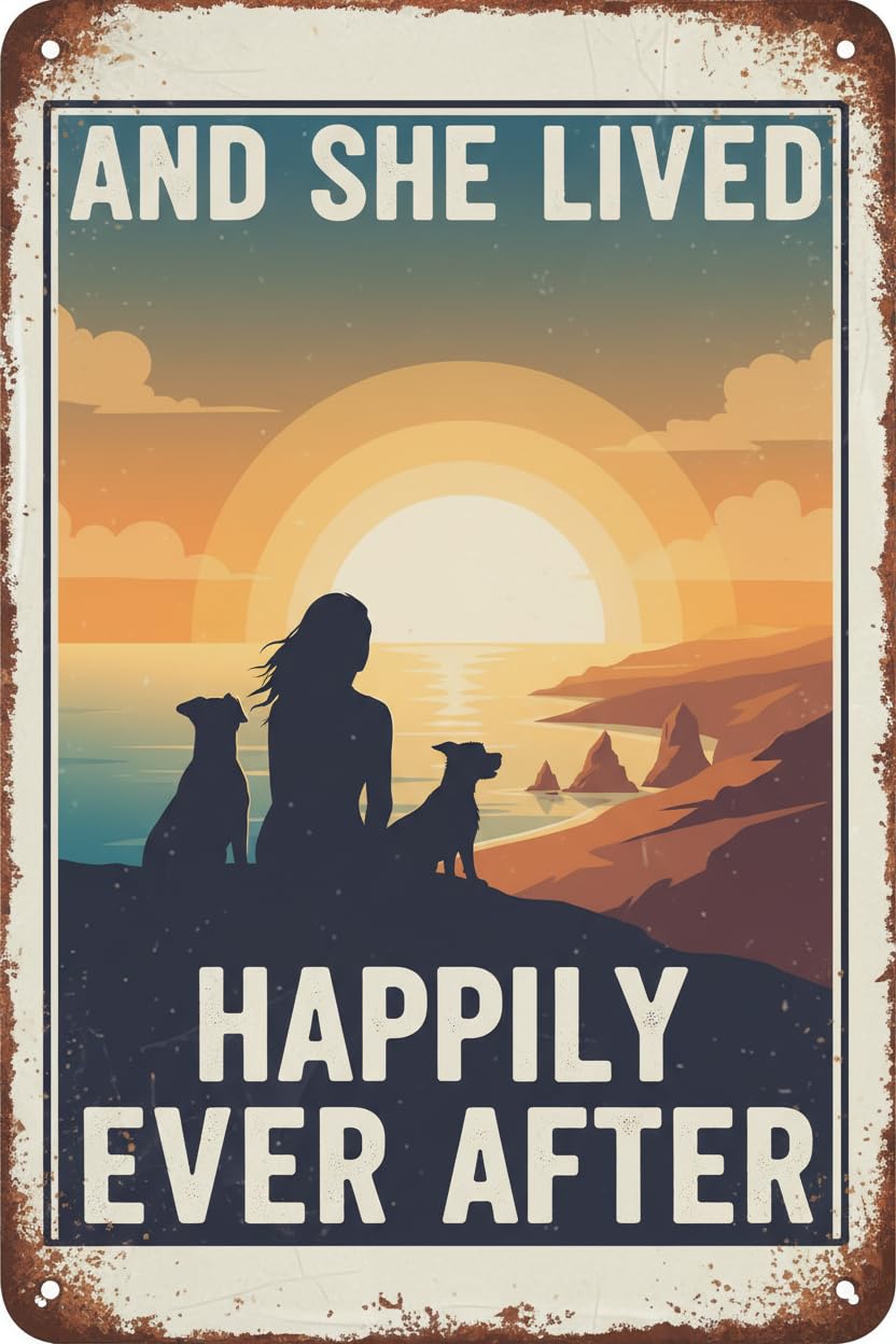 Retro Aluminum Sign Dog Surfing and her Happy Life Girl Tin Sign Vintage Art Wall Decor Sign for Home Bar Pub Cafe Farm Room 8"x12"