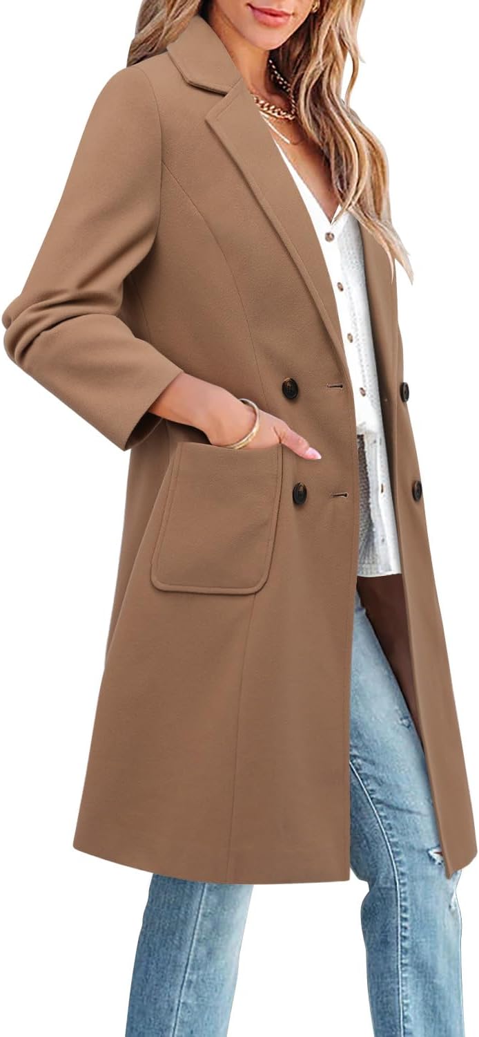 CHICZONE Women's Notch Lapel Double Breasted Mid Long Pea Coat Wool Blend Overcoat Winter Outwear - Image 2