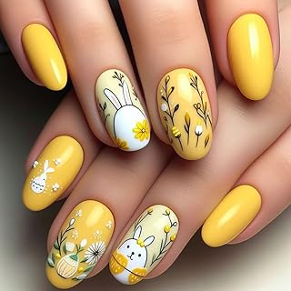 Easter Yellow Press on Nails Short Almond- ZIFANHU Spring Fake Nails Press ons Acrylic Nail Kit Glue on Nails Full Cover False Nails Egg Yolk Fat Rabbit Design Stick on Nails for Women 24 Pcs
