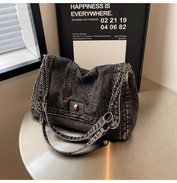 Image of Large Denim Purses for Women Denim Tote Bag Casual Retro Crossbody Lightweight Shoulder Bag Canvas Handbags