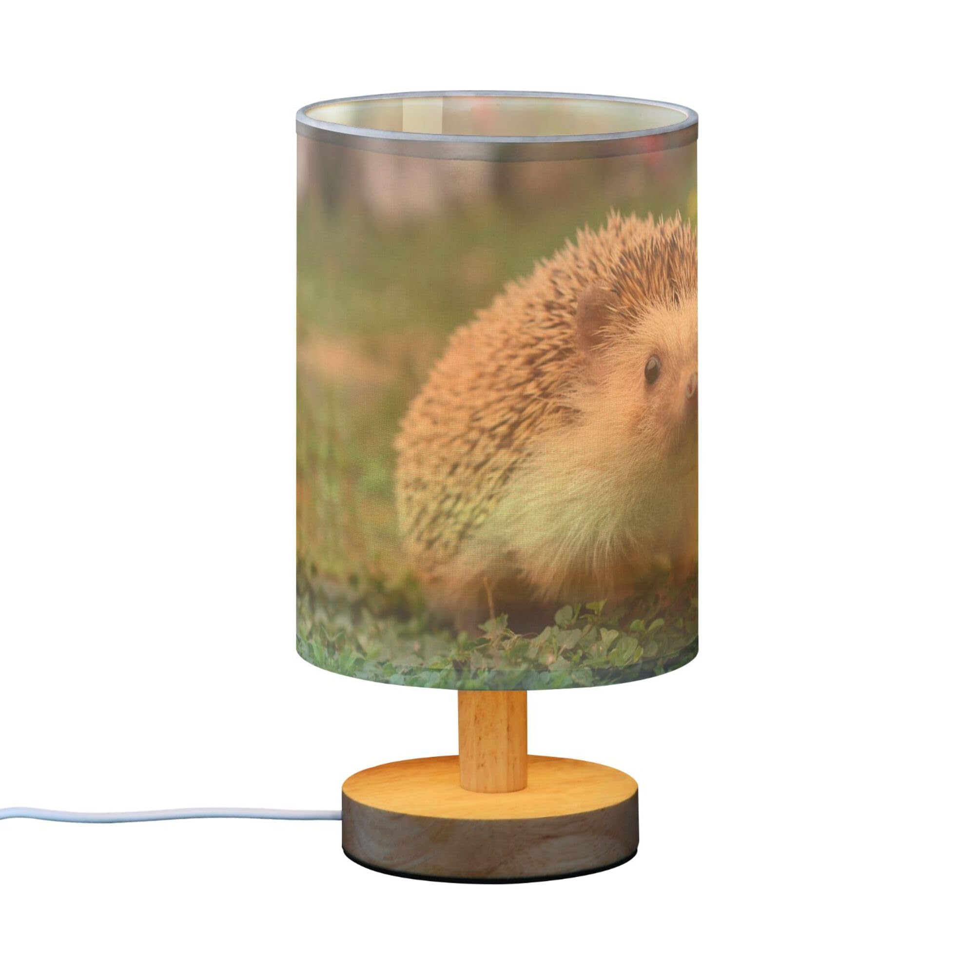 YYZZH Table Lamp Cute Hedgehog Baby Animal in Green Grass Nightstand Lamp with Wood Base Fabric Lamp Shade Bedside Desk Lamp for Living Room Bedroom Kids Room Office