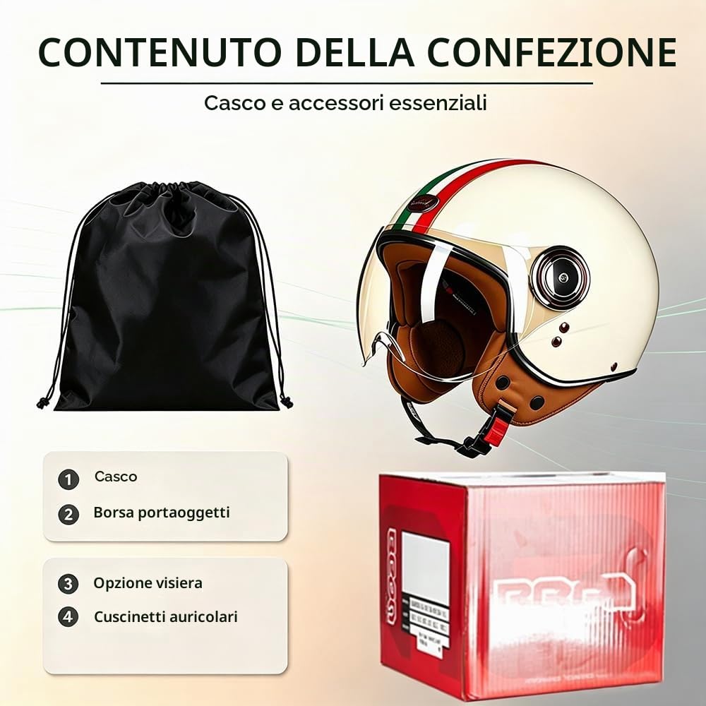 Caschi da Moto per Adulti con Visiera, Certificato ECE Copricapo Casco Aperto, Soddisfare la Sicurezza Stradale, Vintage Casco Jet, per Cruiser Scooter Touring (57~62CM)