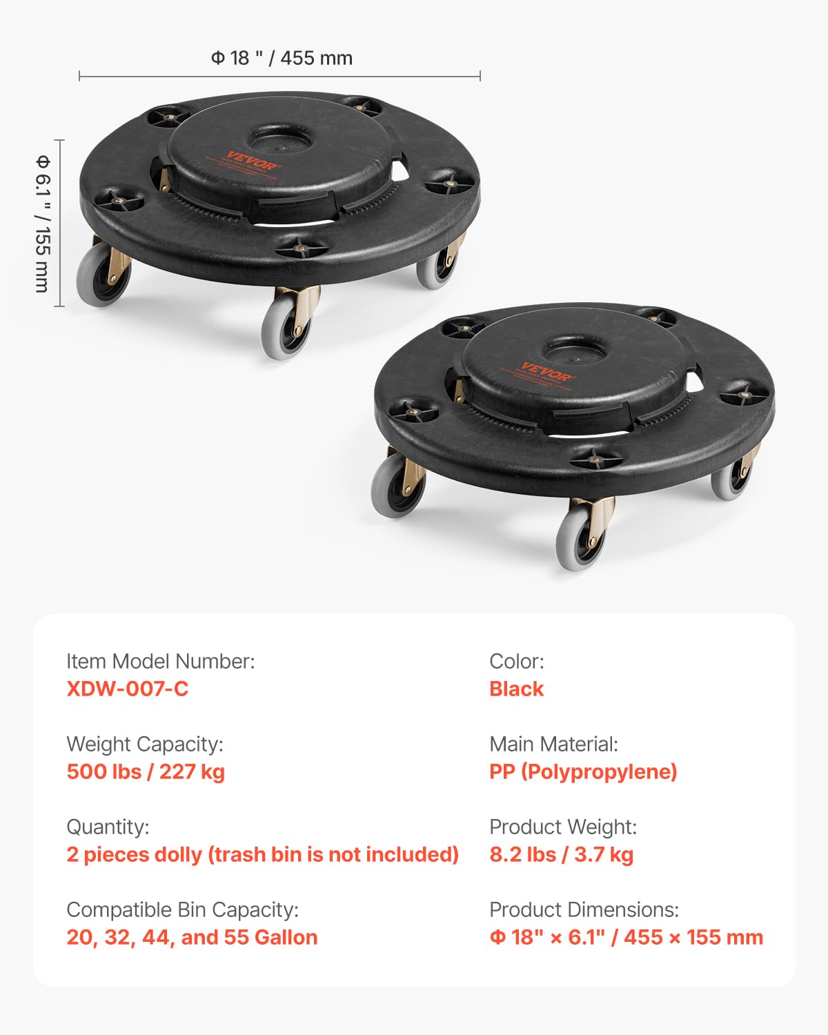 VEVOR 2 PCS Carrito de Bote de Basura, Base Redonda con Ruedas para Basura con 4 Ruedas Bloqueables, Capacidad de Peso de 227 kg, Carro para Barril Resistente, Carrito Rodante Multiuso, Negro
