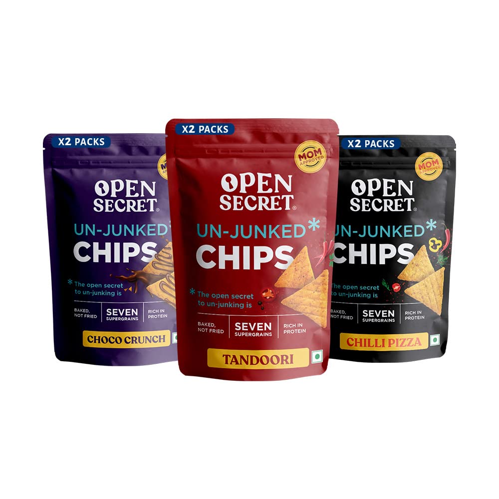 Open Secret Assorted Unjunked Supergrain Chips - 16 Packs - Chilli Pizza - Chocolate Crunch - Tandoori Chips - No Added Maida | Baked | Healthy Snacks Food for Kids | Rich in Protein | Diet Combo Pack