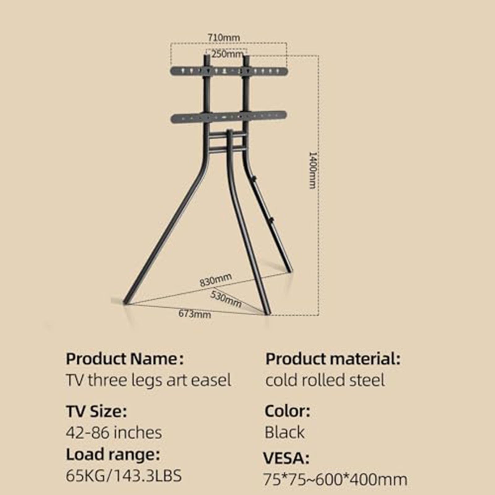 Support TV chevalet avec trépied - Support de Sol Universel pour téléviseurs à écran Plat de 42 à 86 Pouces, Support pour Tableaux réglable en Hauteur pour Salon/at,Black