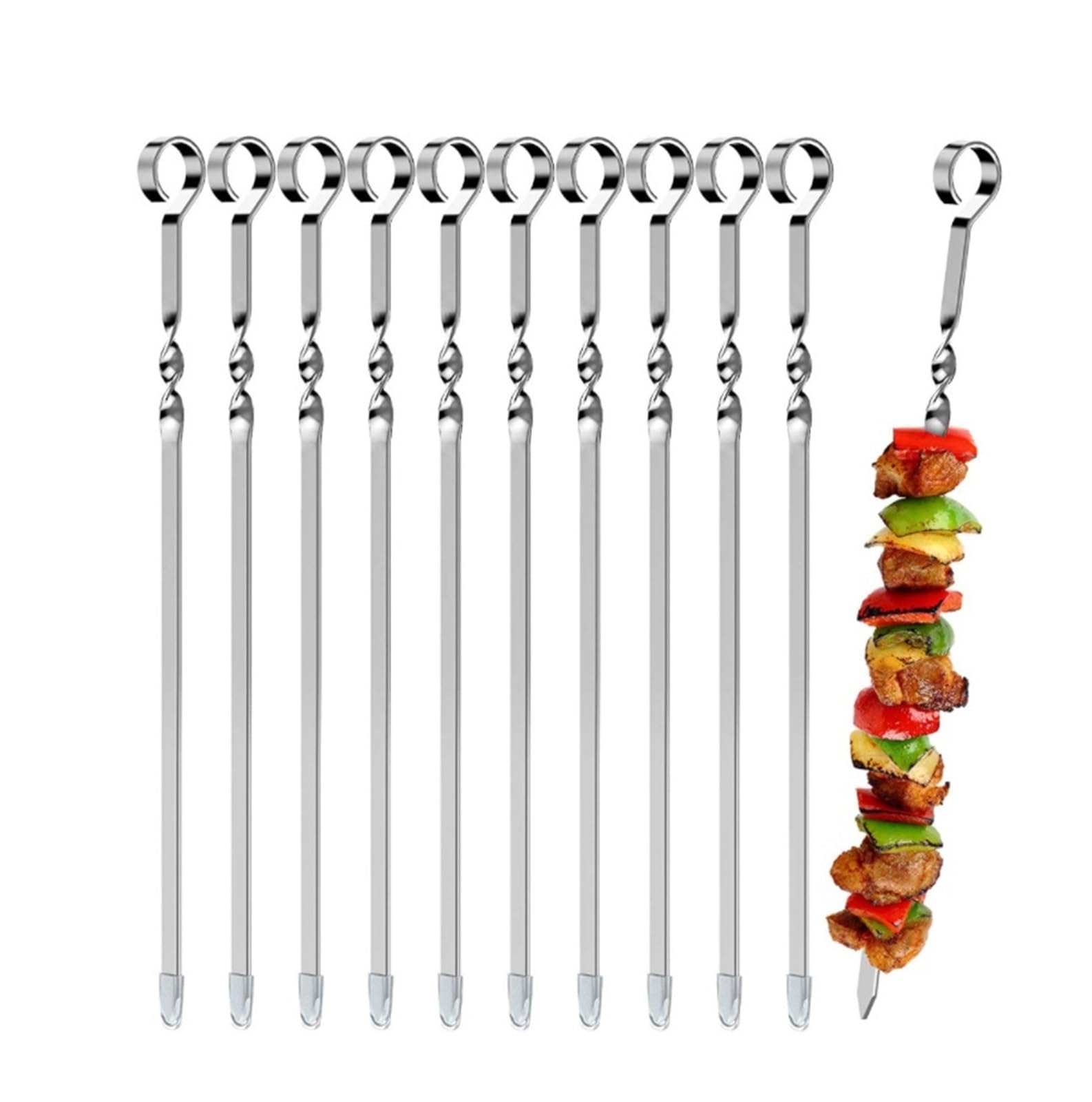 vfdaSWQQ BBQ stick, Kebab Skewers, 10pcs Stainless Steel Barbecue Reusable Flat Grilling BBQ Needle Stick Compatible