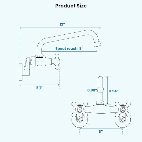 Miniatura 8 de gotonovo Grifo de cocina de montaje en pared, níquel cepillado, doble mango cruzado, comercial, de 3 a 9 pulgadas, ajustable, con alcance de
