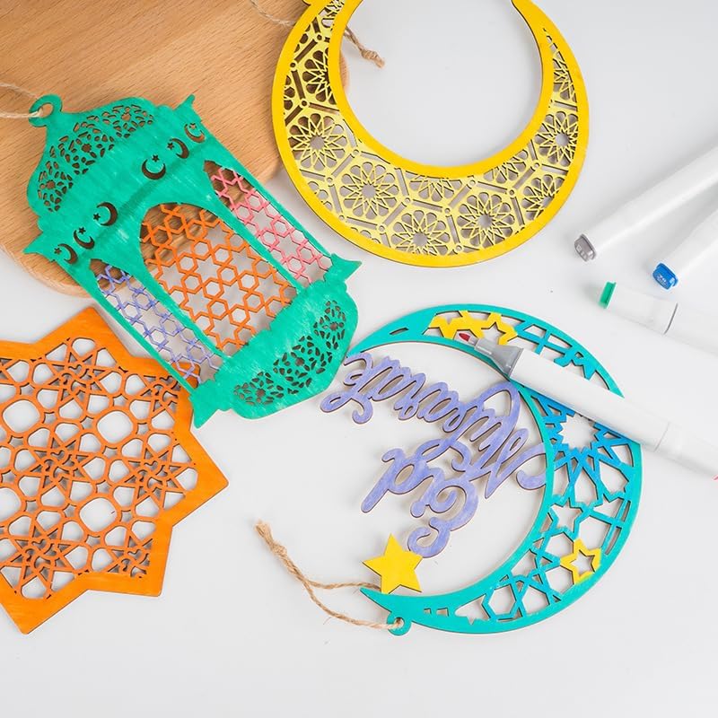 4 Pcs Ramadan Eid Wooden Ornaments, Moon and Star Hanging Decorations, Eid Mubarak Party Wall Decor for Home, Tabletop, Tree, Ramadan Festival Decoration (Natural Wood)