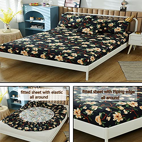 Image of FADFAY Sheets Set King Shabby Black and Yellow Floral Bedding Elegant Peony Sheets Set Vintage Farmhouse Bedding Soft 100% Egyptian Cotton 800 Thread Count Deep Pocket Fitted Sheet, 4Pcs-King Size