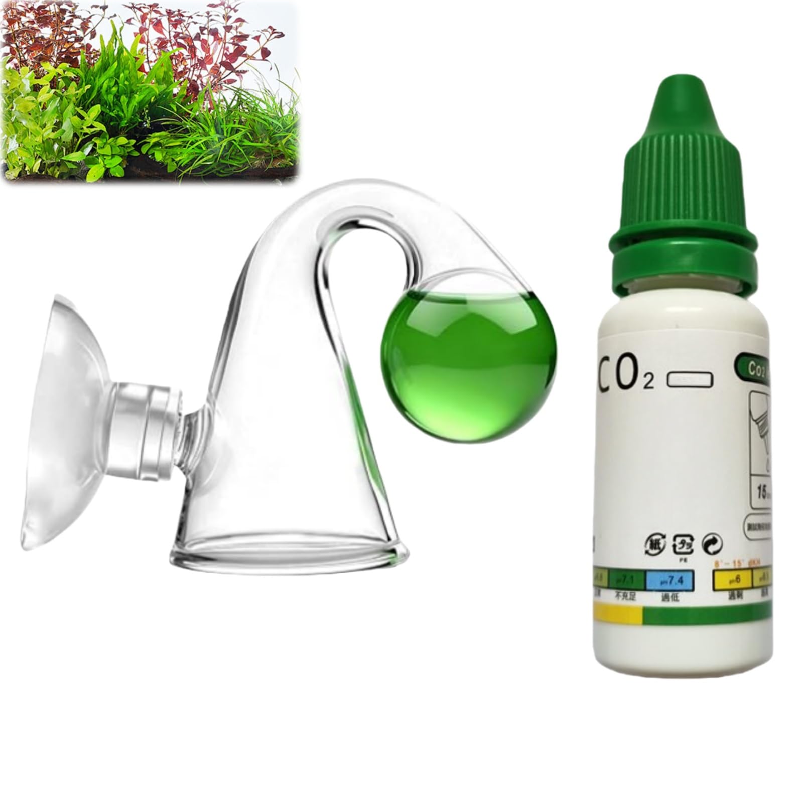 CO2 Dauertest Aquarium mit 30 ml Testflüssigkeit,Kolorimetrischer CO2 Indikator für Aquarien,CO2 Tester,Präzises Glas Messgerät mit Saugnapf für Bepflanztes Aquarium