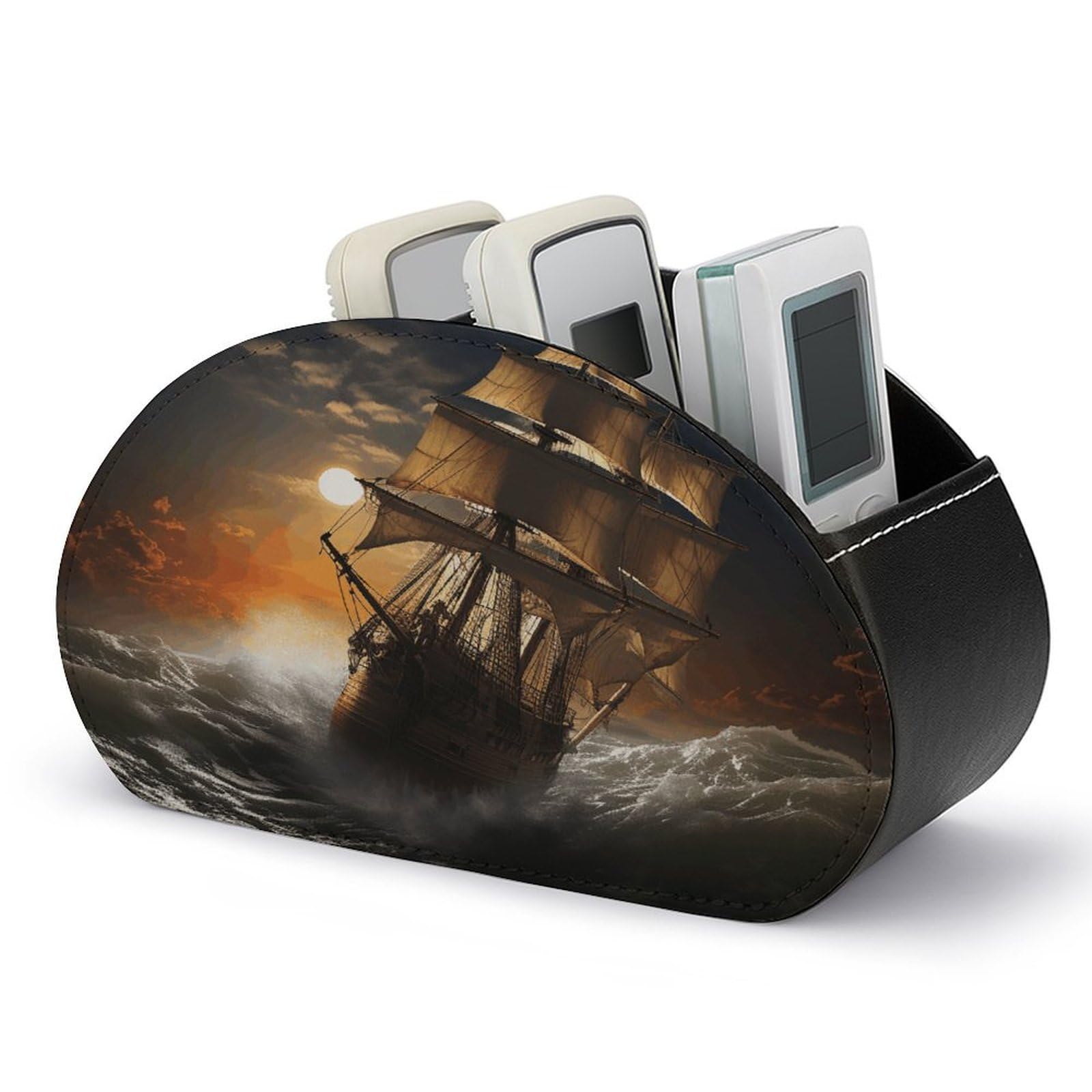 VstaDank Sailing Ship in Storm Remote Control Holder Farmhouse TV Media Remote Storage Box with 5 Compartments PU Leather Remote Caddy Desktop Organizer for Home Bedside Table Organizer