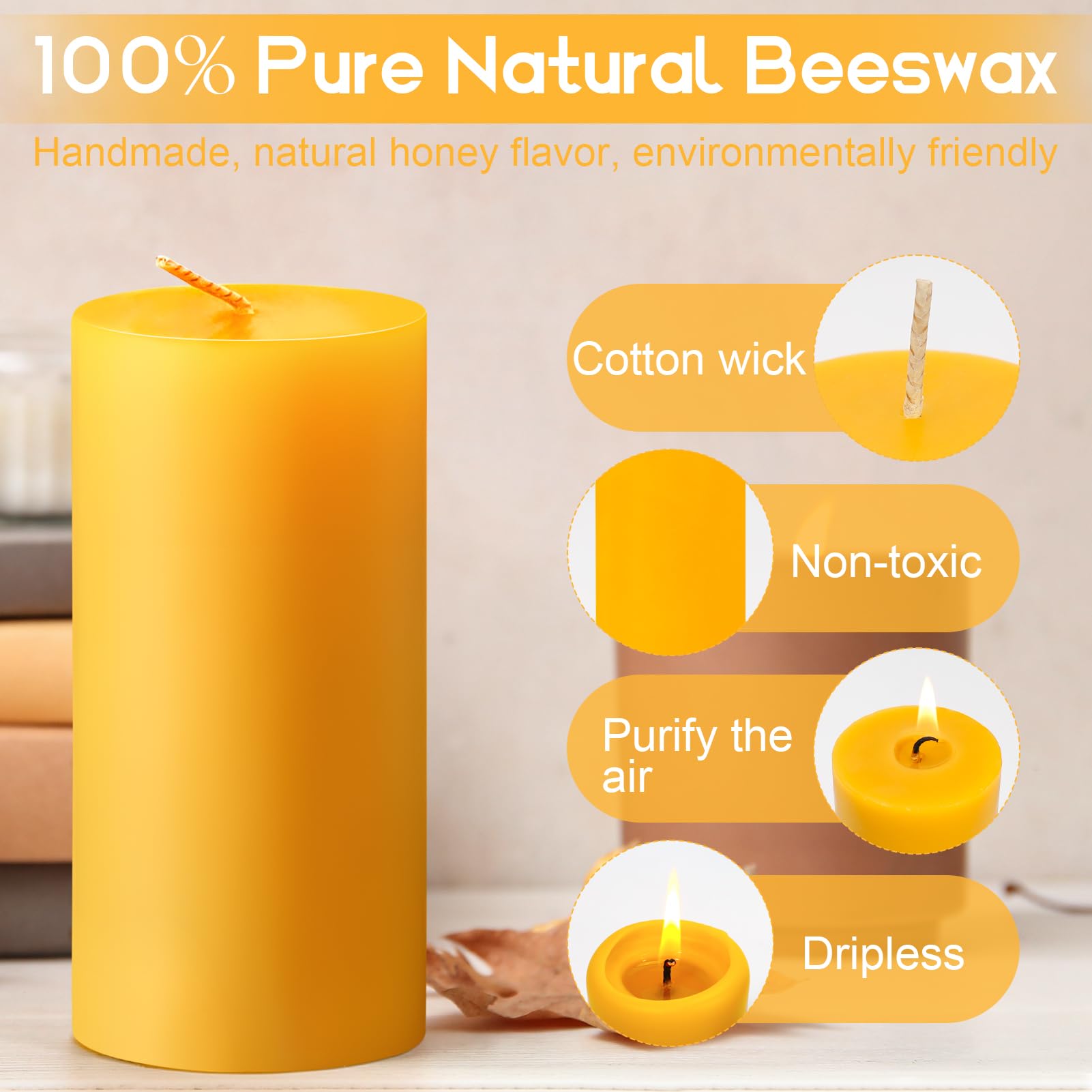 4PCS 2x4 inch Natural Beeswax Pillar Candles,100% Pure Beeswax Candles Emergency 140 Hours Burning Time Smokeless Dripless Pillar Candle,Bees Wax Candlestick for Home Holidays Decor Spa Relaxation