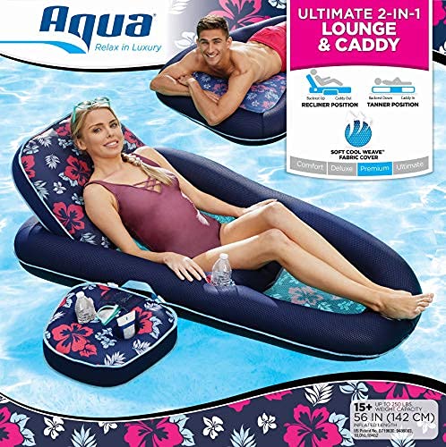 Aqua Campania Ultimate 2 in 1 Recliner & Tanner Pool Lounger with Adjustable Backrest and Caddy, Inflatable Pool Float, Navy Hibiscus (AQL14856AZ)