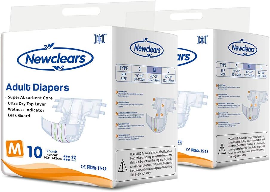 Newclears Adult Diapers with Tabs for Men Women Incontinence Care, Disposable Absorbent for Disability Postnatal Patient Bedridden Care, 10 Count/Pack, 2 Pack, M