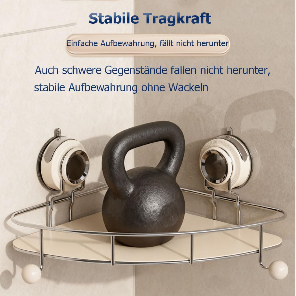Duschablage Ohne Bohren mit Saugnapf, Eckregal Badezimmer Organizer mit Haken, Wandregal für 90° Ecken, Ablage Bad Shampoo Halterung für Dusche,2etage