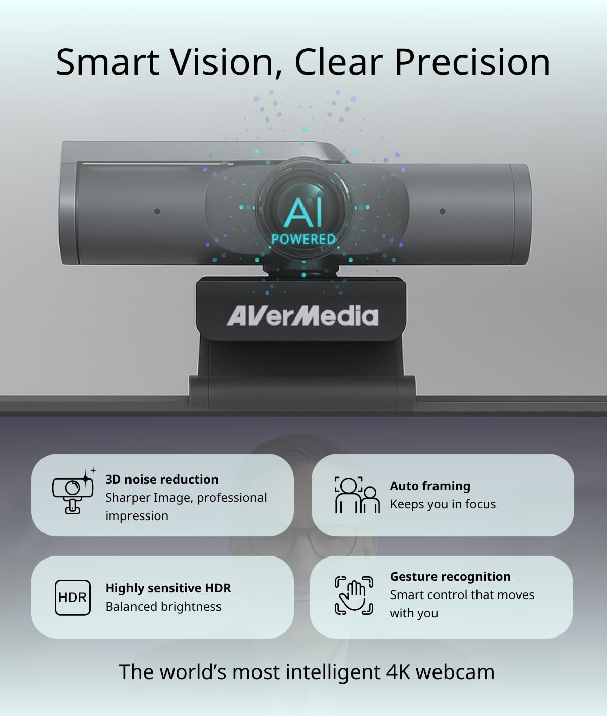 AVerMedia 4K UHD Business Webcam PW515, Enfoque automático, ePTZ, Control de Gestos, HDR y reducción de Ruido 3D, Campo de visión Variable para Zoom, Equipos, Skype, portátil y MacBook, Color Negro