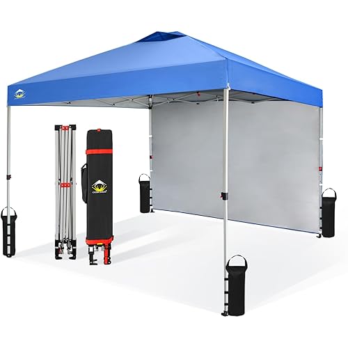 CROWN SHADES 10x10 Pop Up Canopy with 1 Side Wall - Beach Tent with One Push Setup - Outdoor Sun Shade for Events, Parties, Camping - Gazebo with STO-N-Go Cover Bag (Blue)