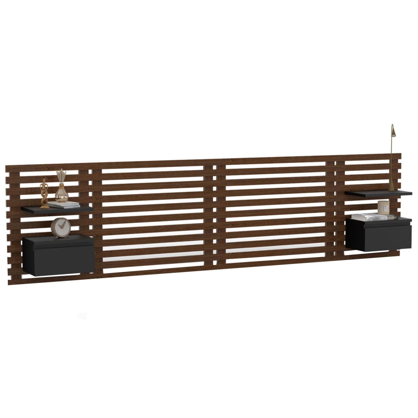 IDMarket - Cabecero de cama colgante en lamas AVA 240 cm con mesita de noche + cajón de madera envejecida y negro