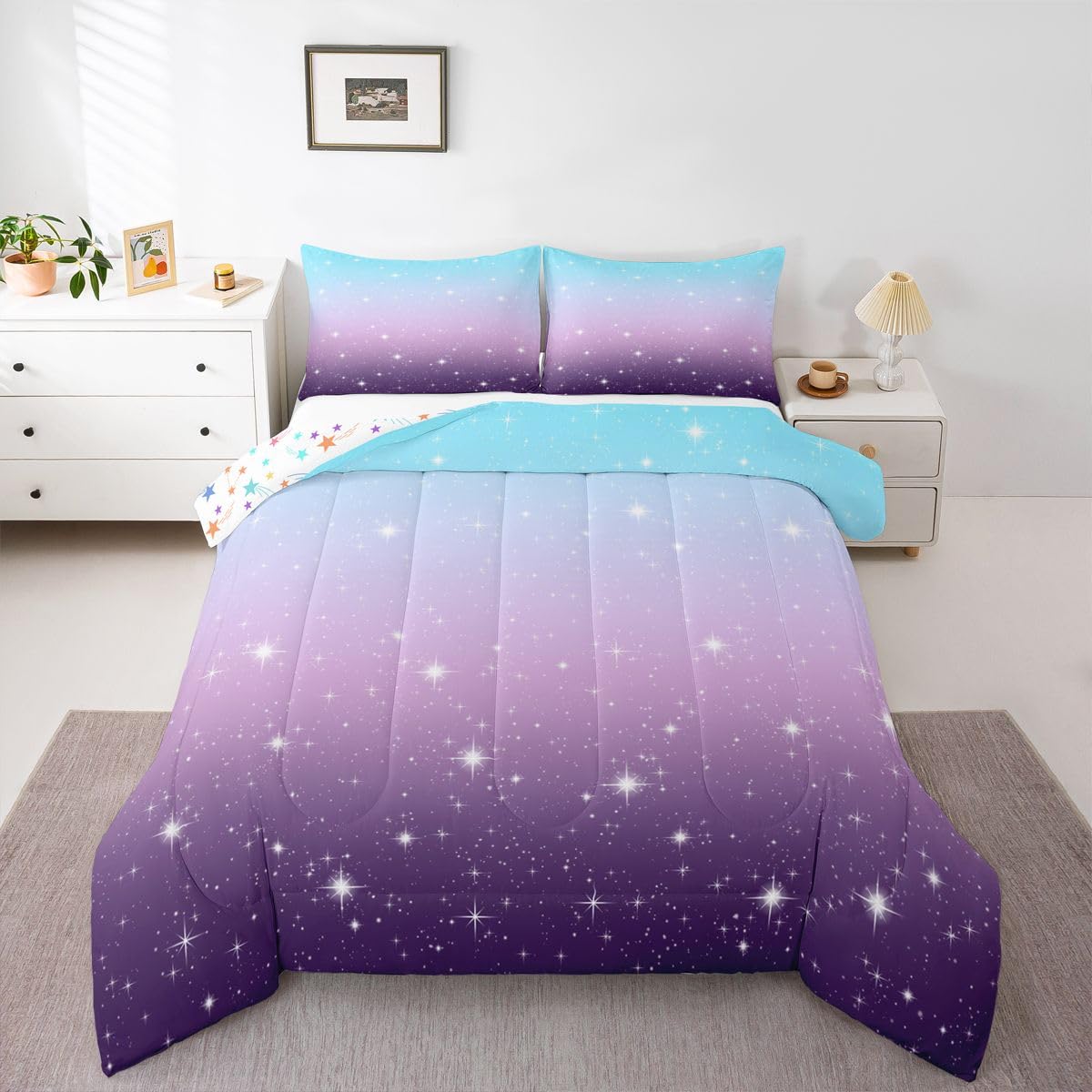 Erosebridal Kids Space Star Glitter Comforter Set Ombre Blue Purple Gradient Bedding Set King Size, Starry Sky Down Comforter for Girls Boys Teens