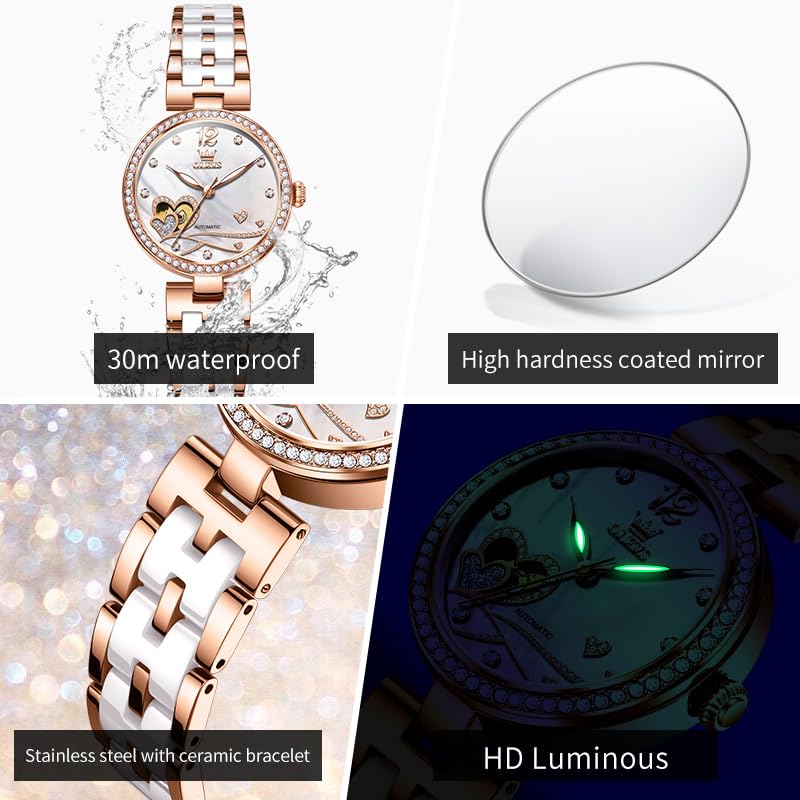 Image of OLEVS Womens Watches Automatic Luxury Dress Ladies Watch Ceramic Strap Rose Gold Self Winding Female Wrist Watch