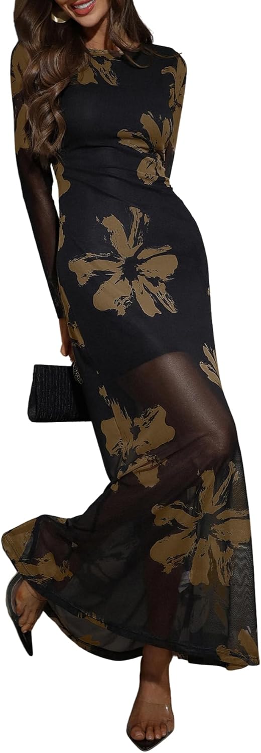 Verdusa Women's Floral Mesh Maxi Dresses Long Sleeve Elegant Formal Fall Wedding Guest Dress Cocktail Holiday Dresses