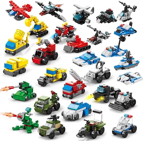 Miniatura 2 de Juego de 30 unidades de vehículos militares de ingeniería, bloques de construcción, ensamblaje 3D, autos, camiones, helicópteros, niños y niñas,
